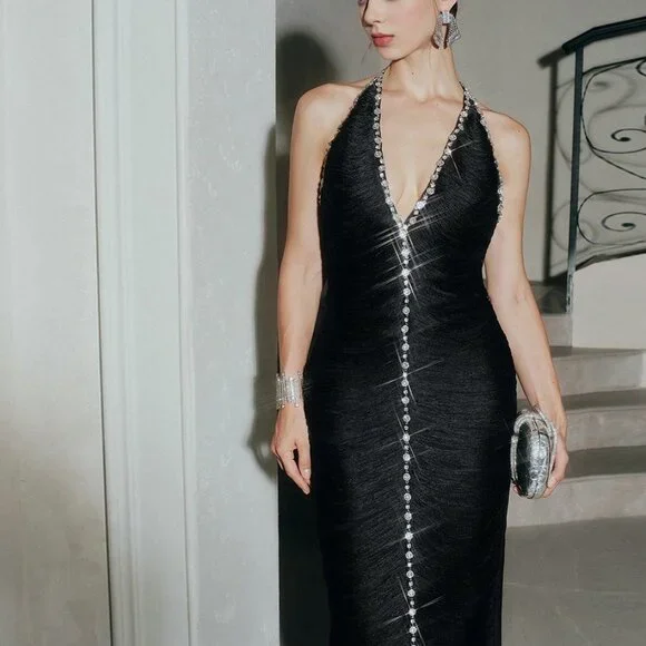 LUXE Rhinestone Fringe Bandage Gown - Black Halter Neck & Sparkle Evening Dress - Picture 3 of 11